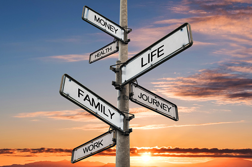 Life balance choices signpost, with sunrise
