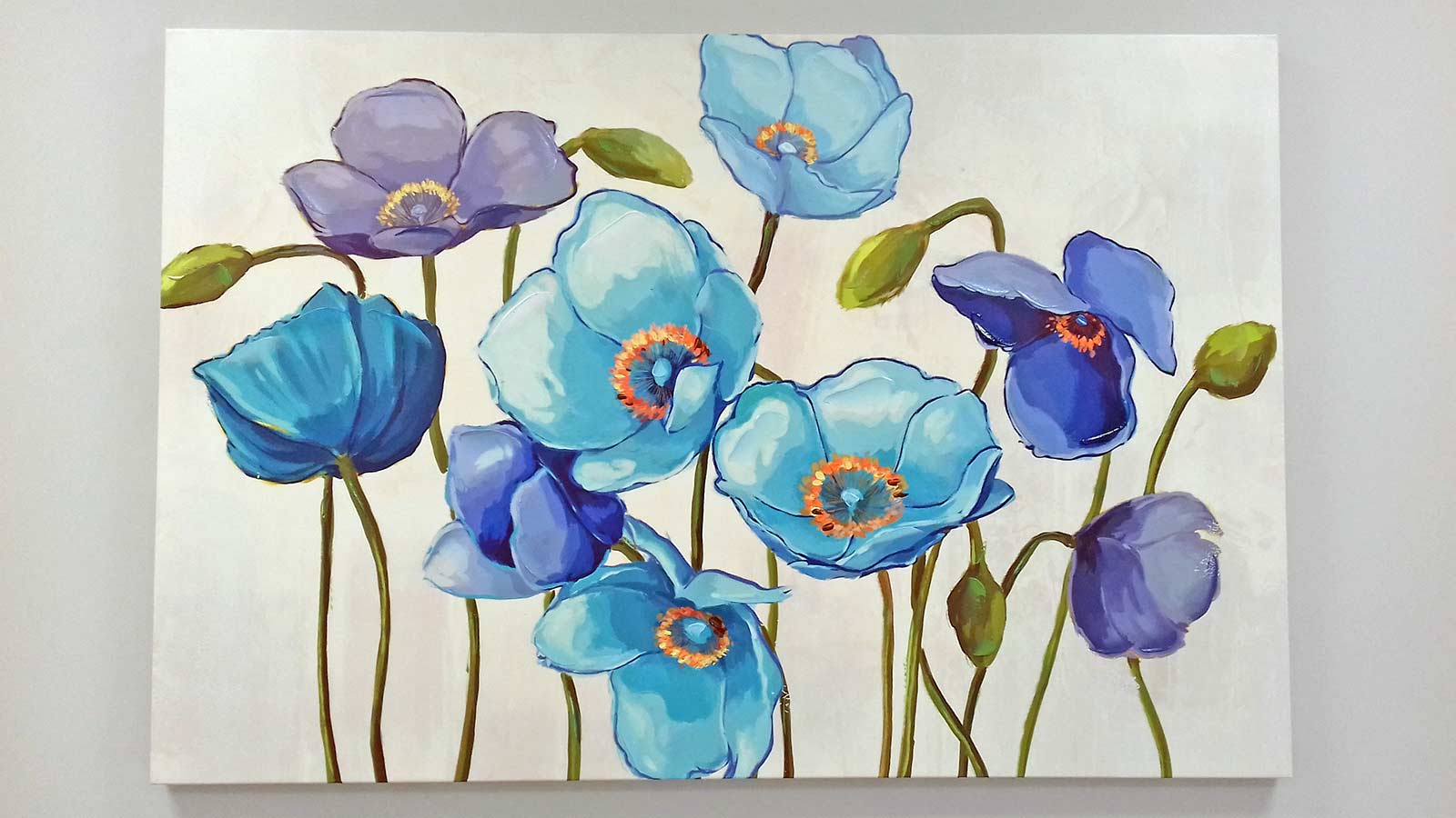 Good decor like this art work is one of the Reasons to rent a Therapy Room - a painting of blue poppies